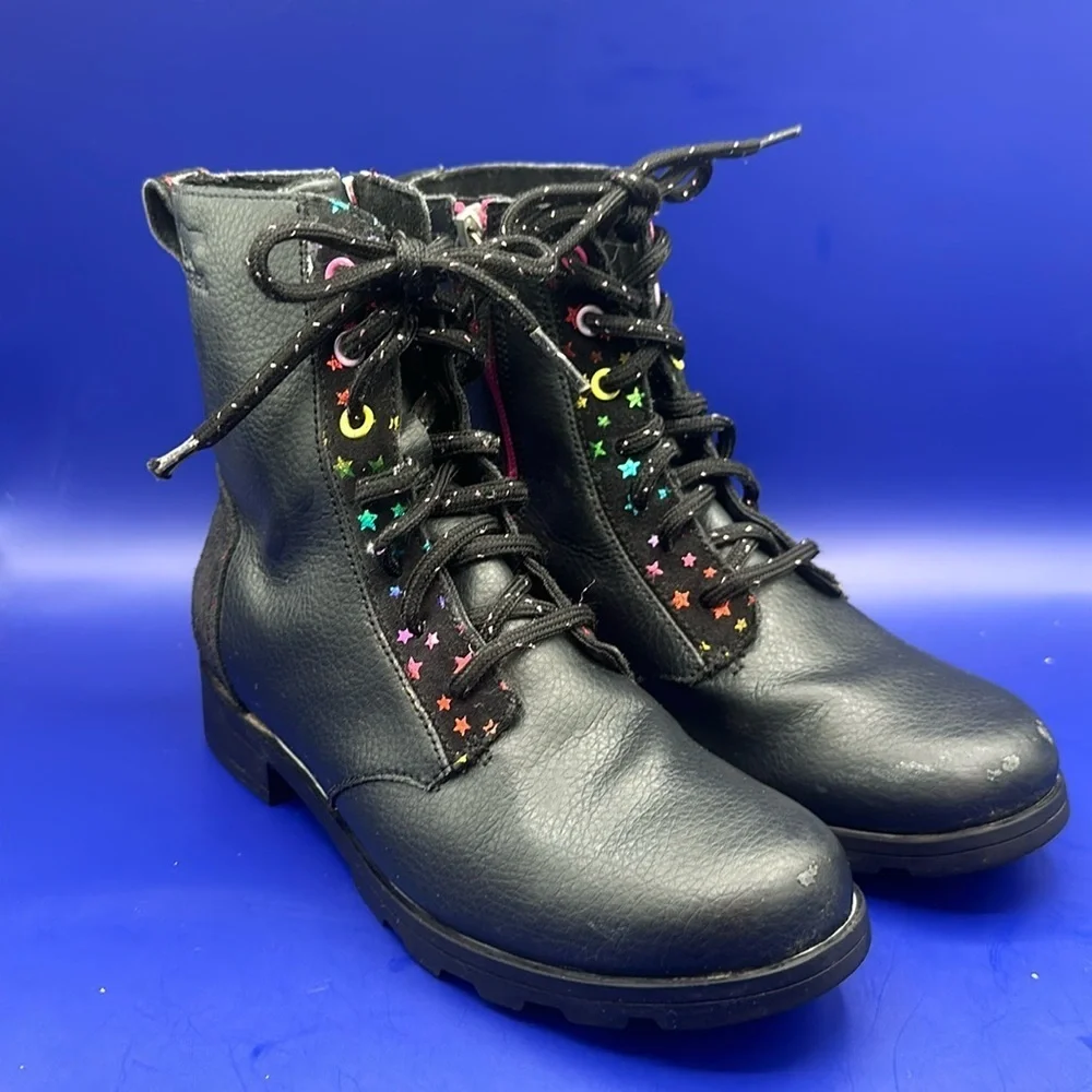 Sorel Emelie Youth Girls Leather Combat Boot SZ 4 Black Waterproof Arch Support